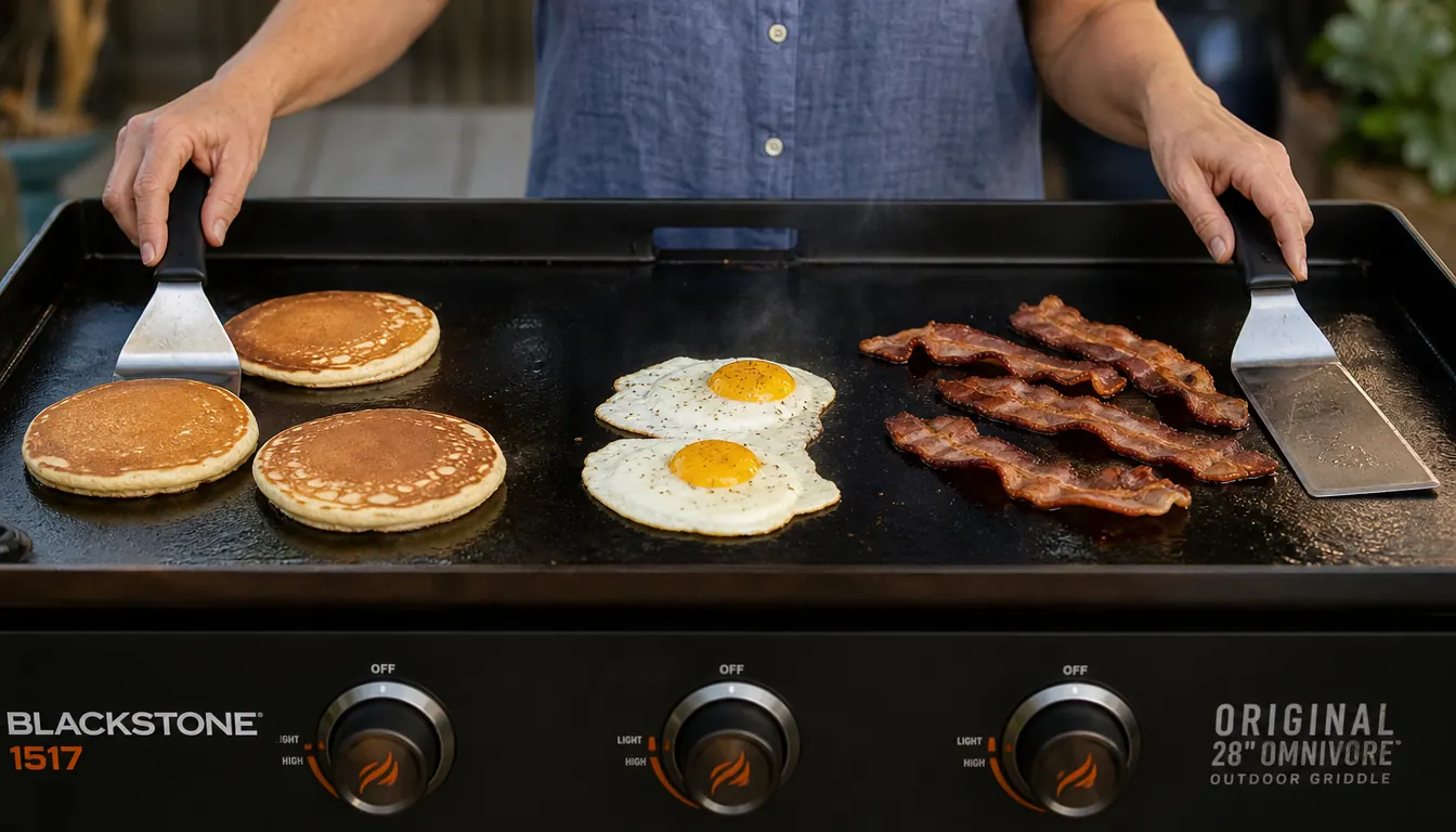 Hands pouring pancake batter onto one zone of the Blackstone 28 inch griddle while eggs and bacon cook on the other side