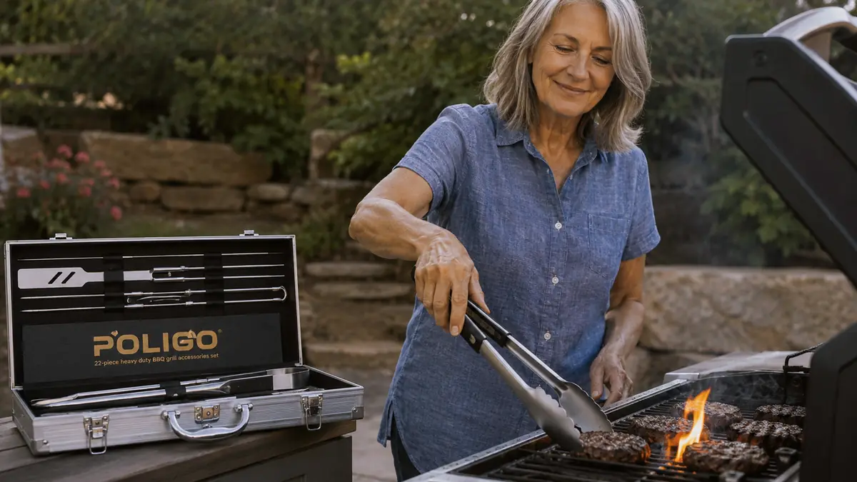 A hand using stainless steel tongs from a grill tool set to flip burgers on a hot grate