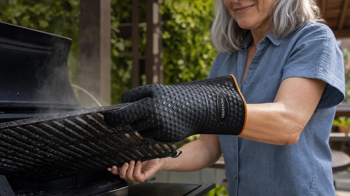 Close up of a hand wearing a black textured silicone BBQ glove gripping a hot cast iron grill grate