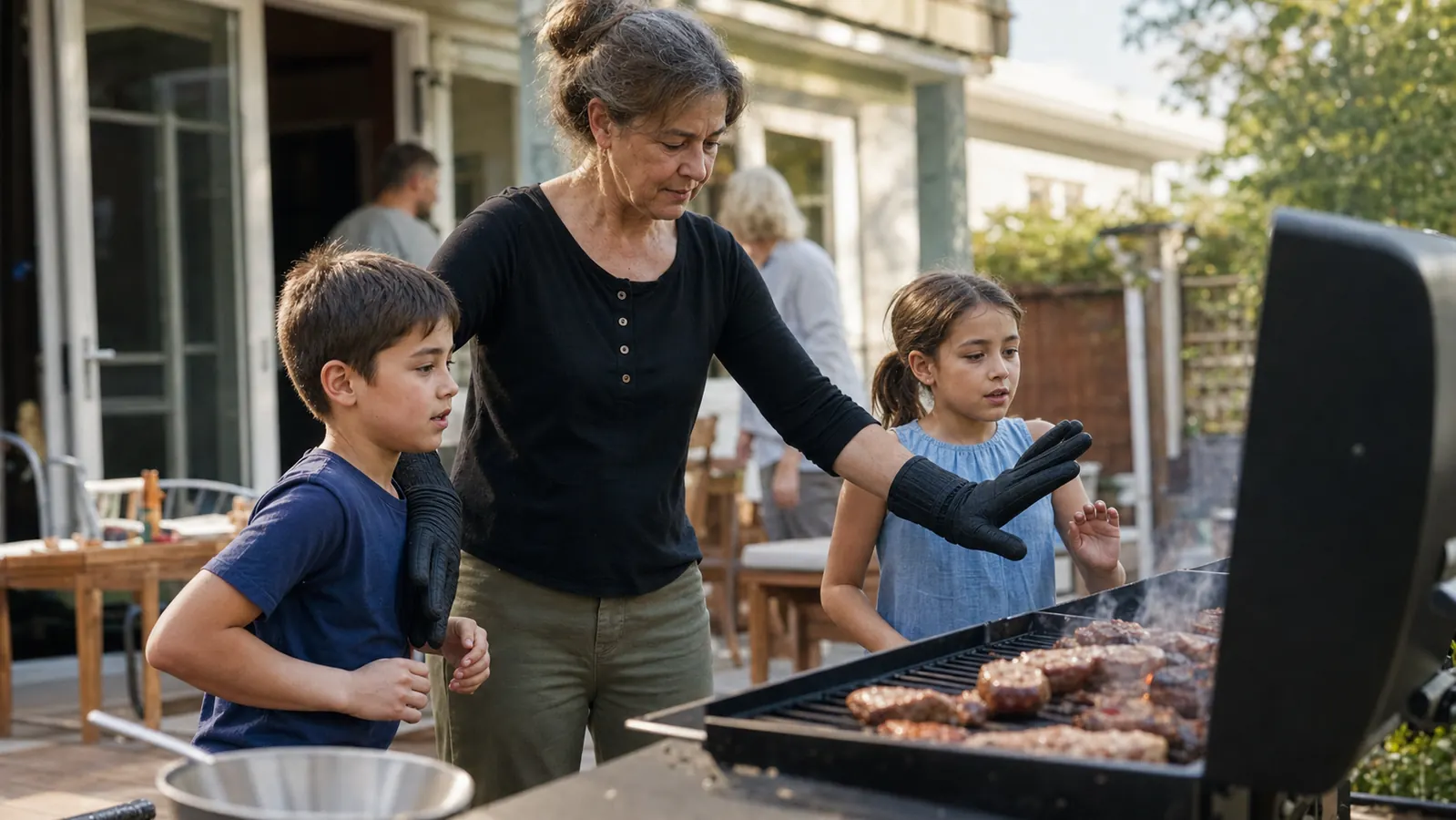 A grandmother in heat resistant BBQ gloves keeping two young grandchildren a safe arm's length from a hot grill