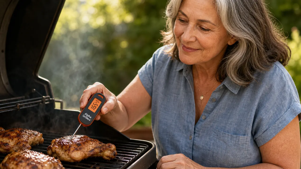 Close-up of the Alpha Grillers thermometer probe checking a bone-in chicken thigh on the grill