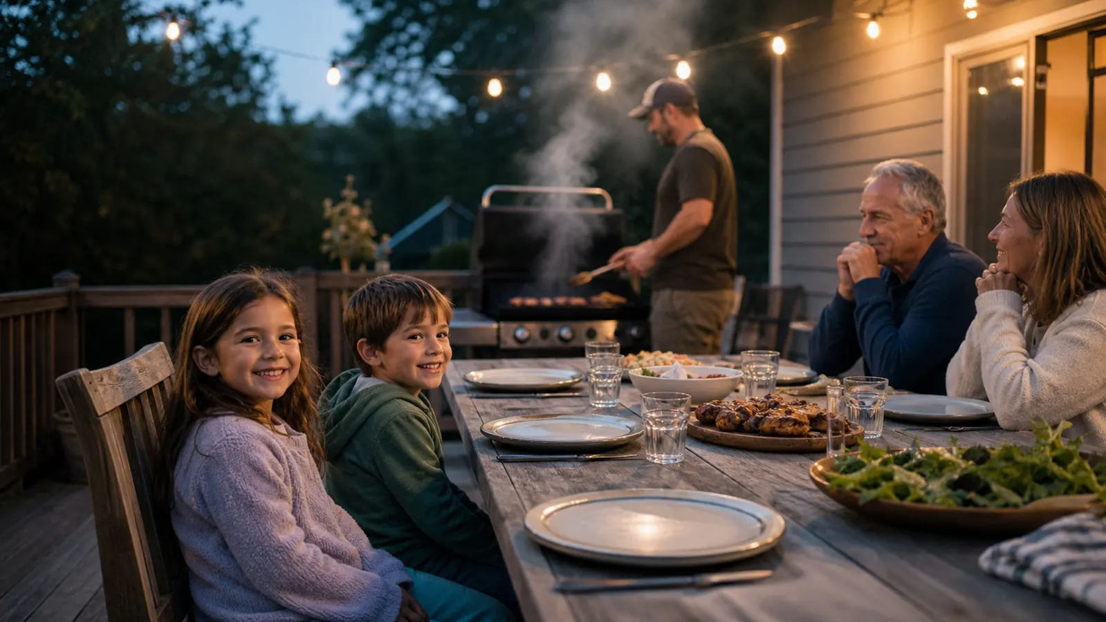 Gwen's grandchildren Sofia and Marco waiting at a long outdoor table while chicken finishes on the grill