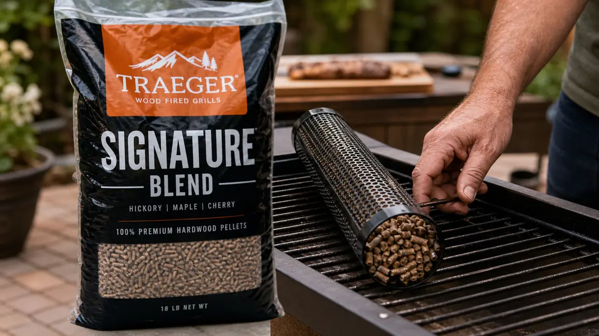 Bag of Traeger Signature Blend wood pellets next to a filled smoker tube on a grill grate