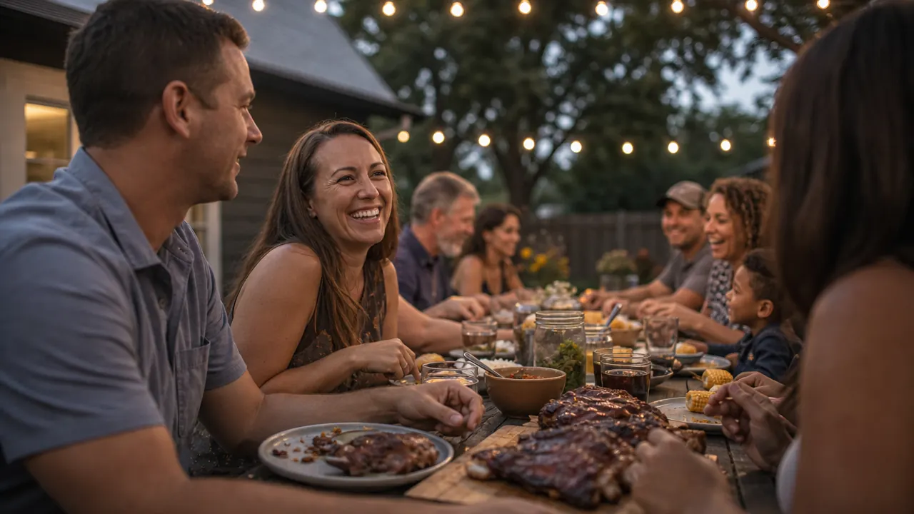 Long table set for a Sunday cookout with smoked ribs, corn, and family gathered under string lights