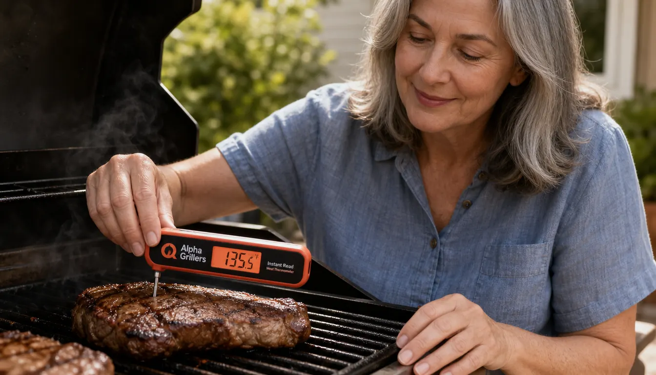Close-up of a hand inserting an Alpha Grillers instant read thermometer probe into a thick ribeye steak on the grill