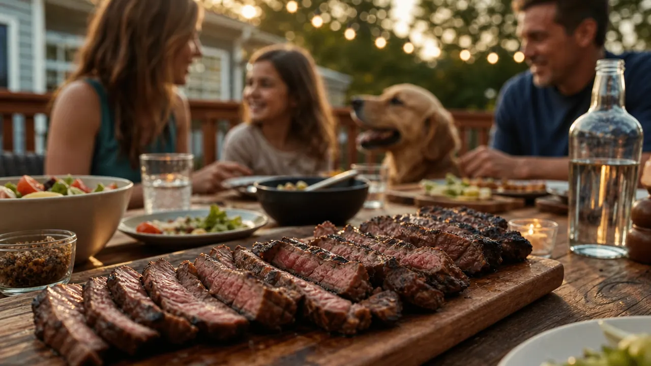 A long outdoor table set for a family cookout with plates, a platter of sliced steak, and people gathered around it at dusk