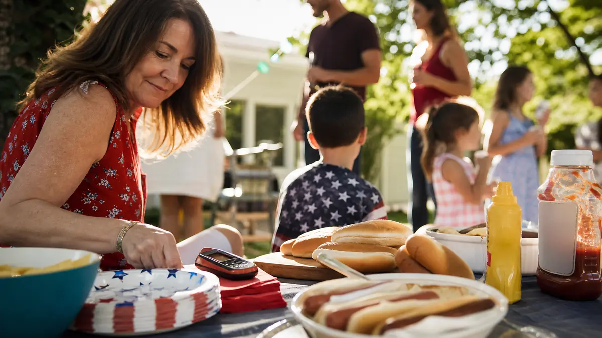 A backyard birthday cookout table with paper plates, hot dogs, and a small digital thermometer half hidden among napkins