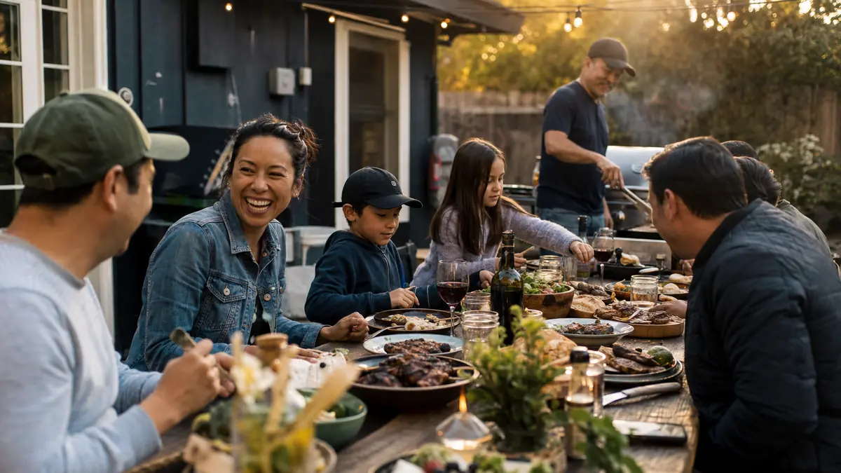 A long backyard table set for a Sunday cookout with grilled food, string lights, and friends gathering around