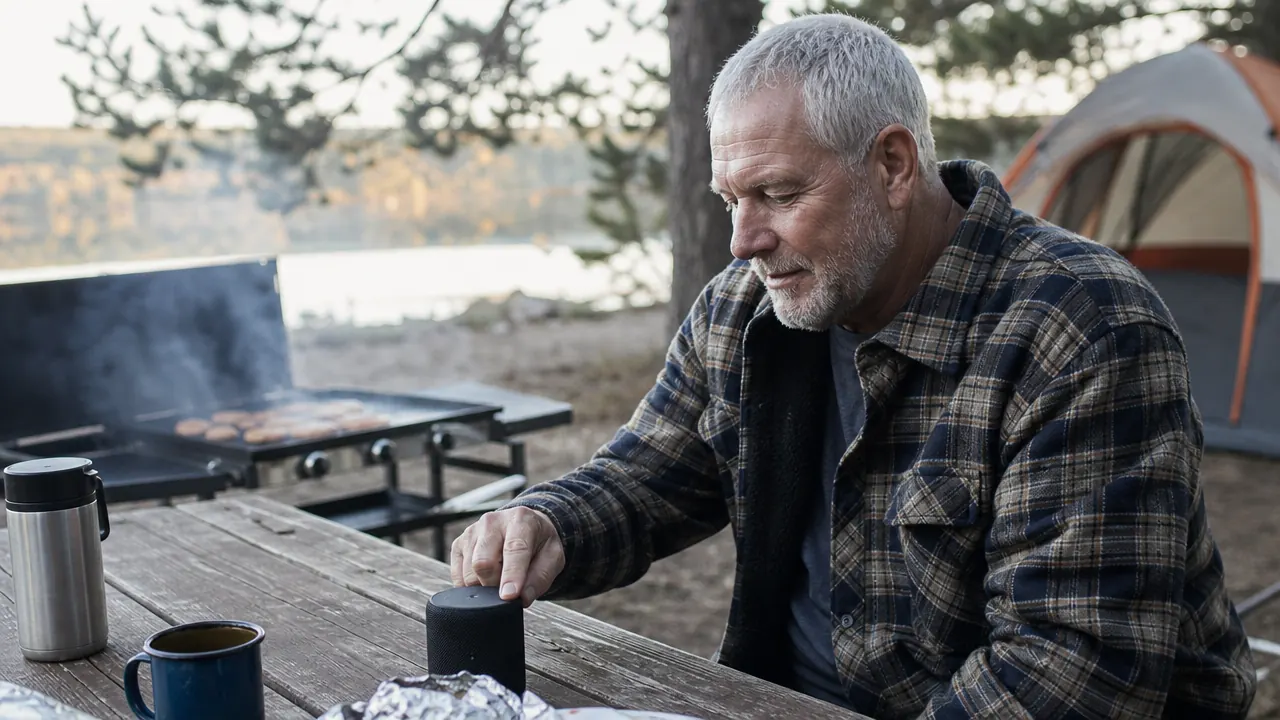 Ray adjusting a portable speaker on a picnic table while smoke and griddle steam drift past in the campground