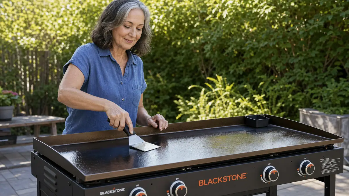 Hand using a metal spatula to scrape and oil the Blackstone griddle surface after cooking
