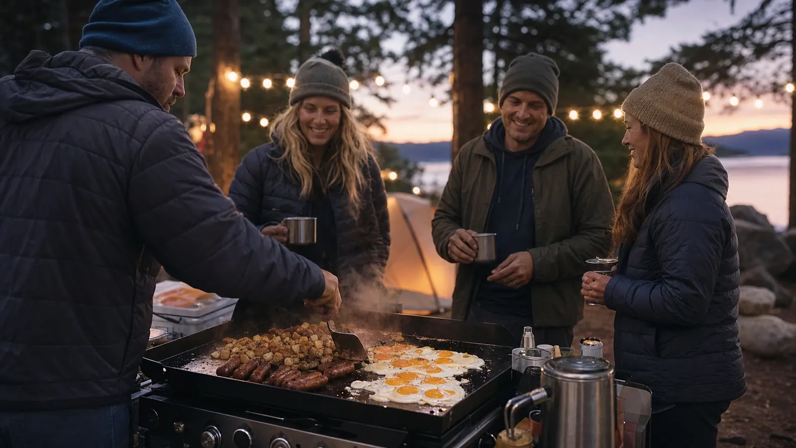 Group of friends gathered around a Blackstone griddle at a campsite near Lake Tahoe