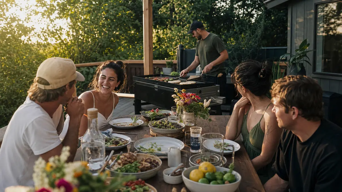 Family and neighbors gathered around a long table for a backyard Sunday cookout