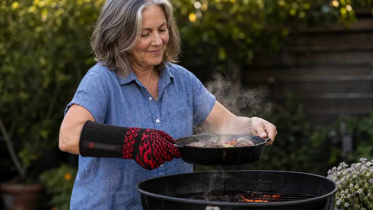 Hand in a long black silicone BBQ glove lifting a heavy cast iron skillet off a charcoal kettle grill