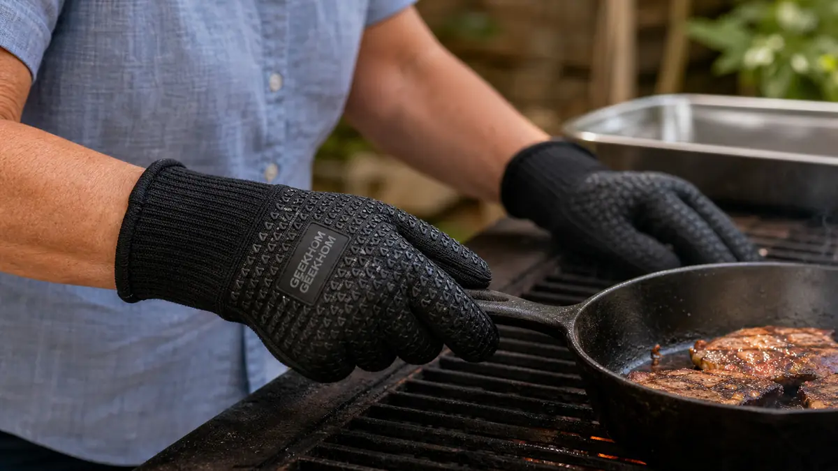 Close-up of a hand in a GEEKHOM silicone glove gripping a cast iron skillet handle on hot grill grates