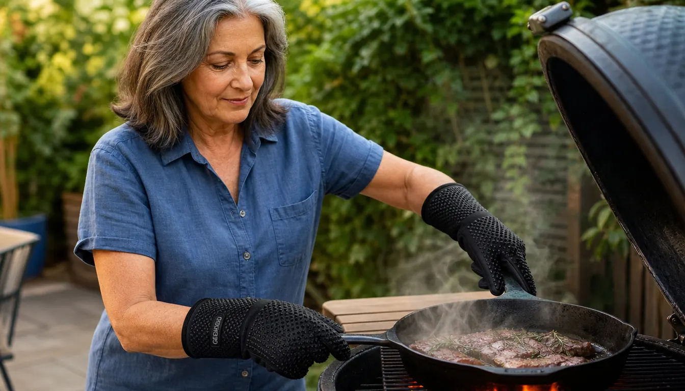 Close-up of a hand wearing the GEEKHOM silicone BBQ glove pulling a cast iron skillet off a hot grill grate