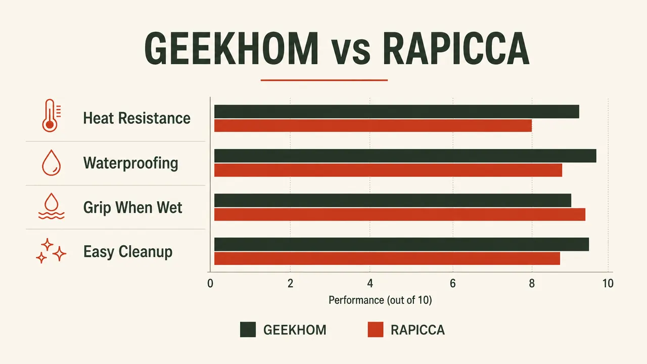 Chart comparing GEEKHOM and RAPICCA grill gloves across heat resistance, waterproofing, grip, and washability