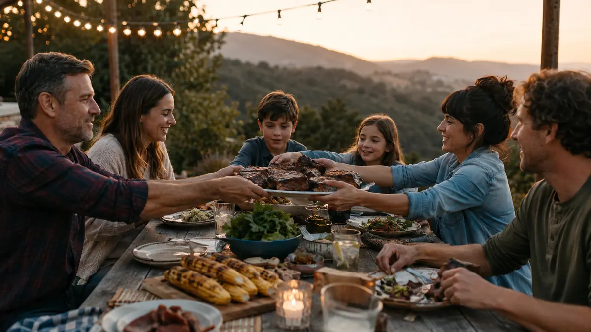 Group of friends and family seated at a long outdoor table on a deck at sunset, plates of grilled food being passed around