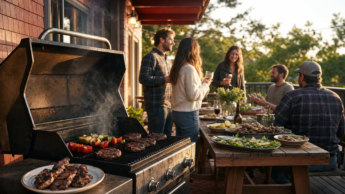 A backyard griller tending food over glowing coals at golden hour with smoke rising