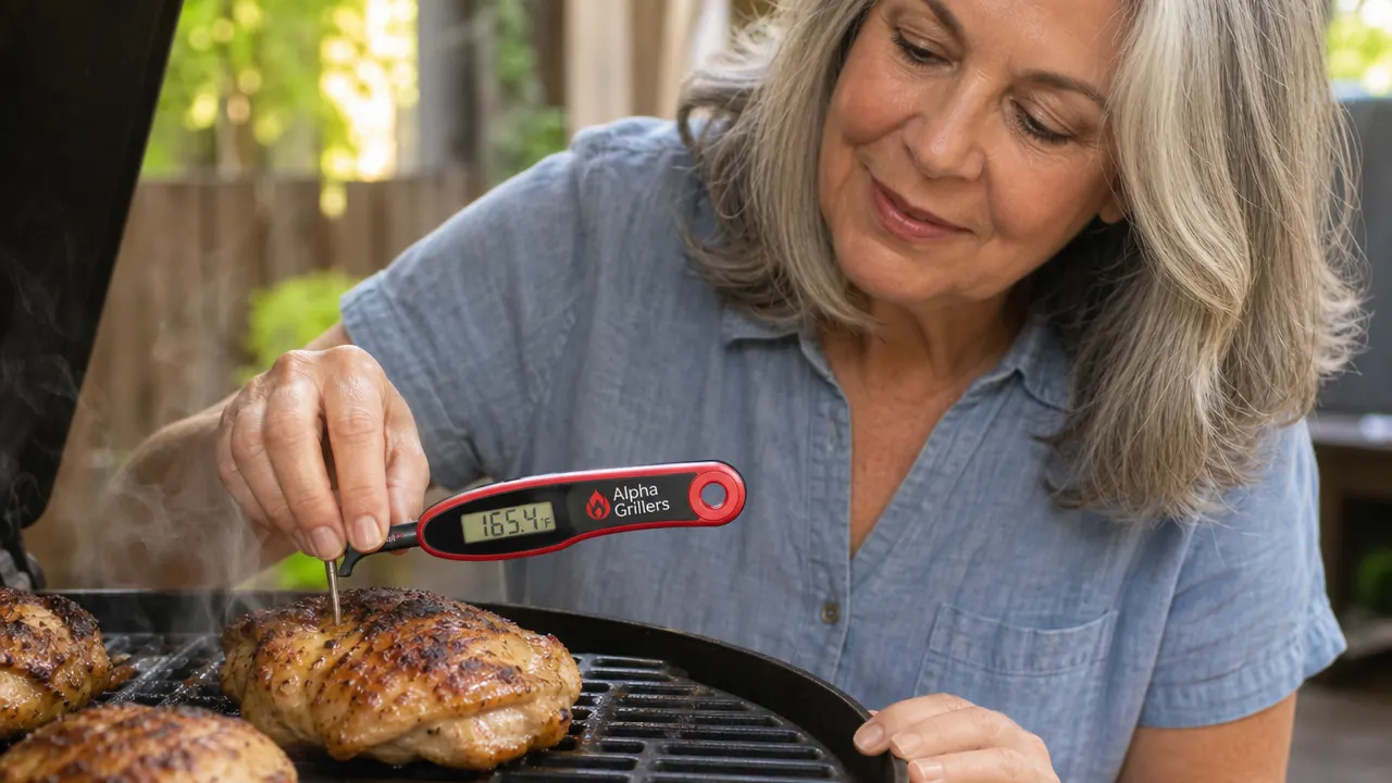 Close-up of an Alpha Grillers instant read thermometer probe inserted into the thickest part of a chicken thigh on the grill
