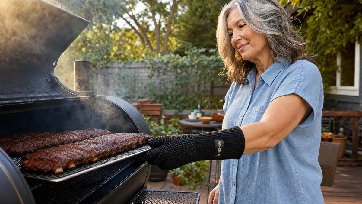 Gloved hand pulling a rack of smoked ribs out of a smoker on a backyard deck