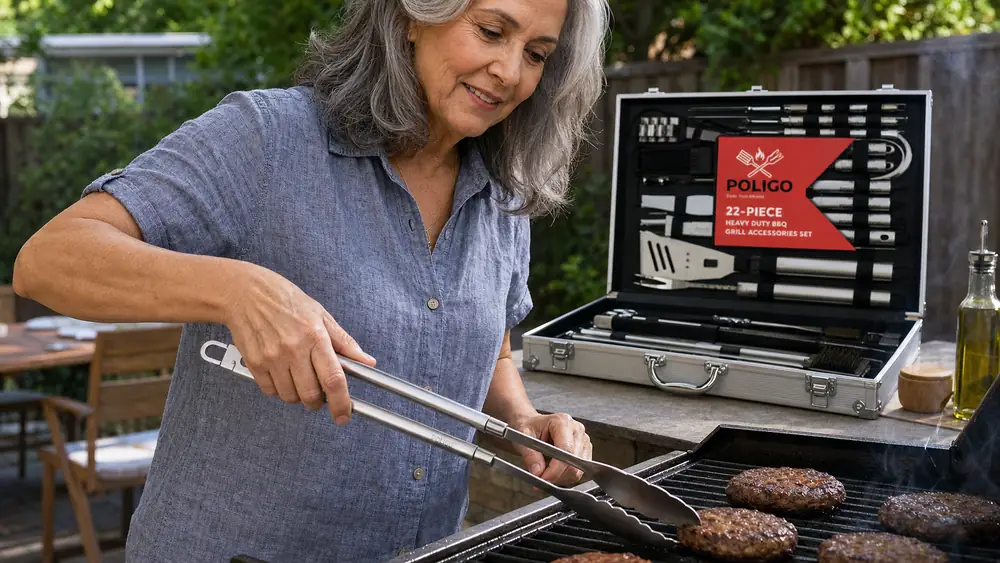 Close-up of stainless steel locking tongs from a grill tool set flipping burgers on a hot grate