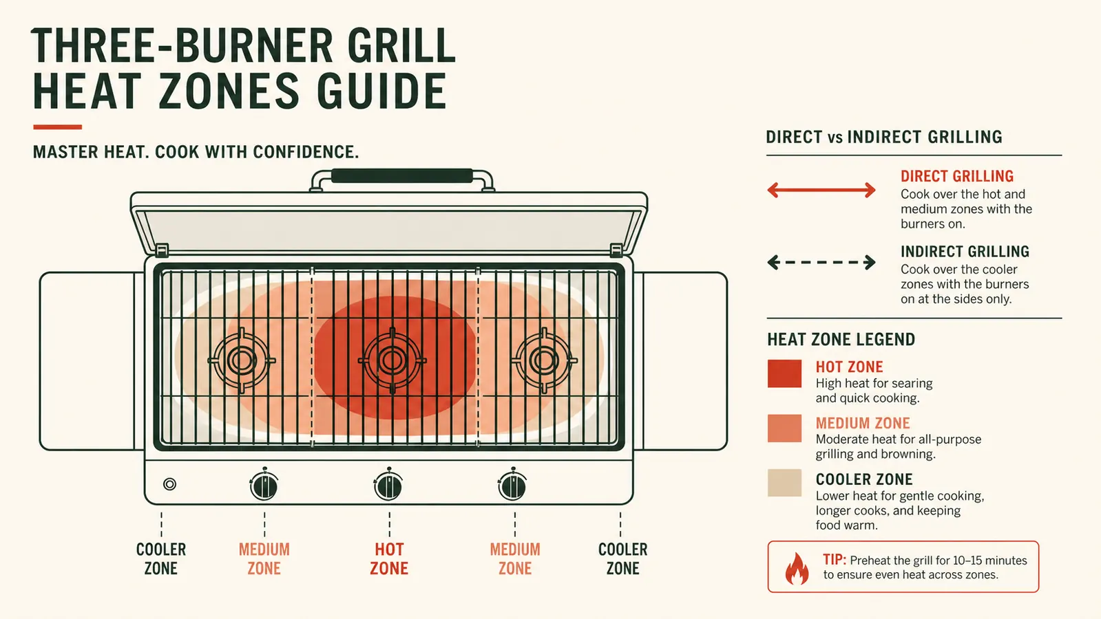 Diagram showing direct and indirect heat zones on a three-burner gas grill