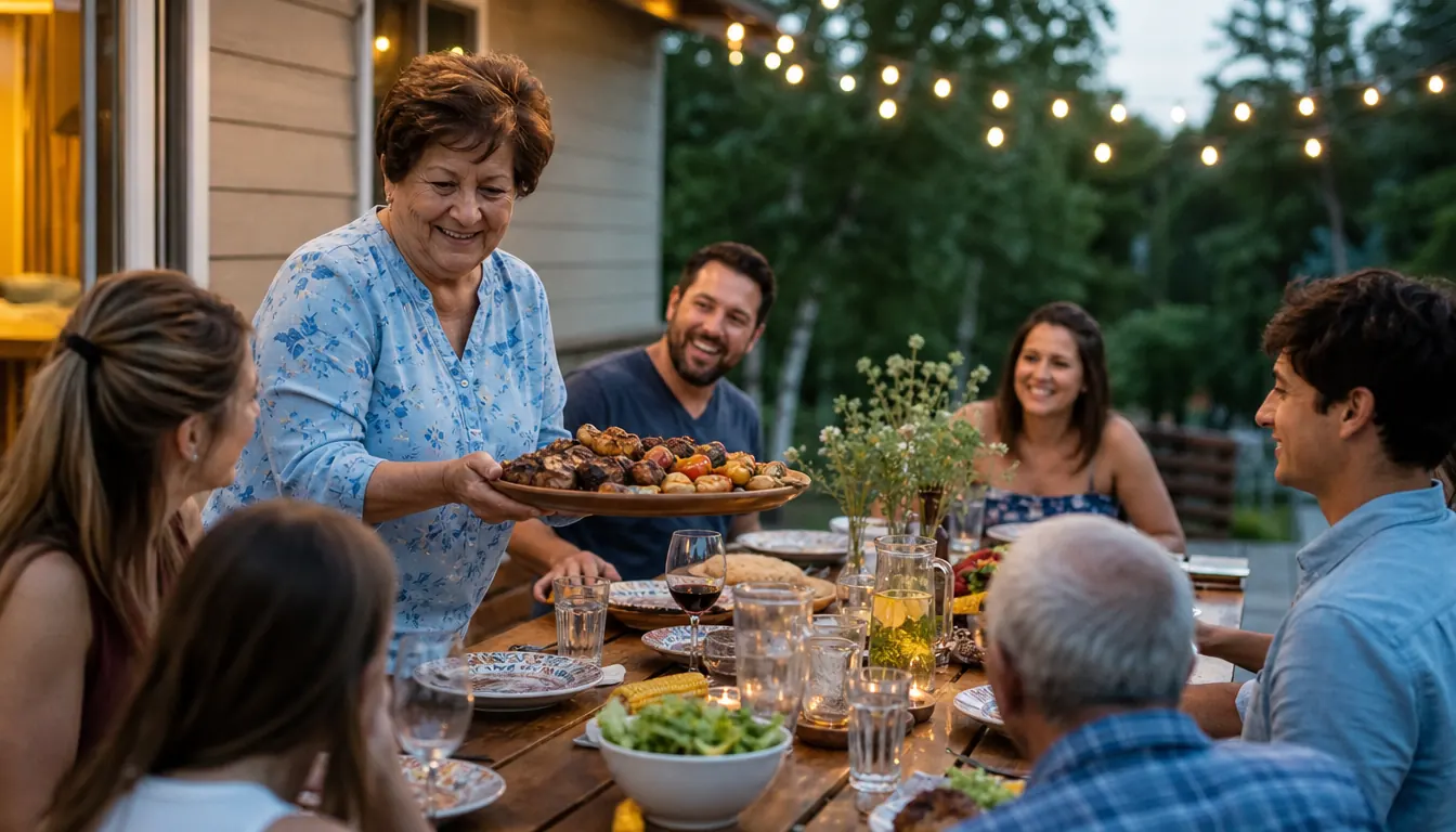 Family gathered around an outdoor table with grilled food and a grandmother serving from a platter