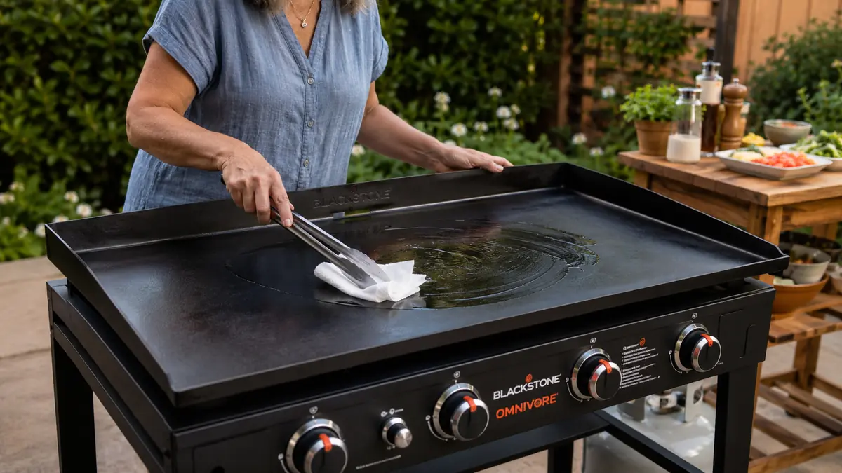 A hand spreading a thin layer of oil across a Blackstone griddle surface with a folded paper towel