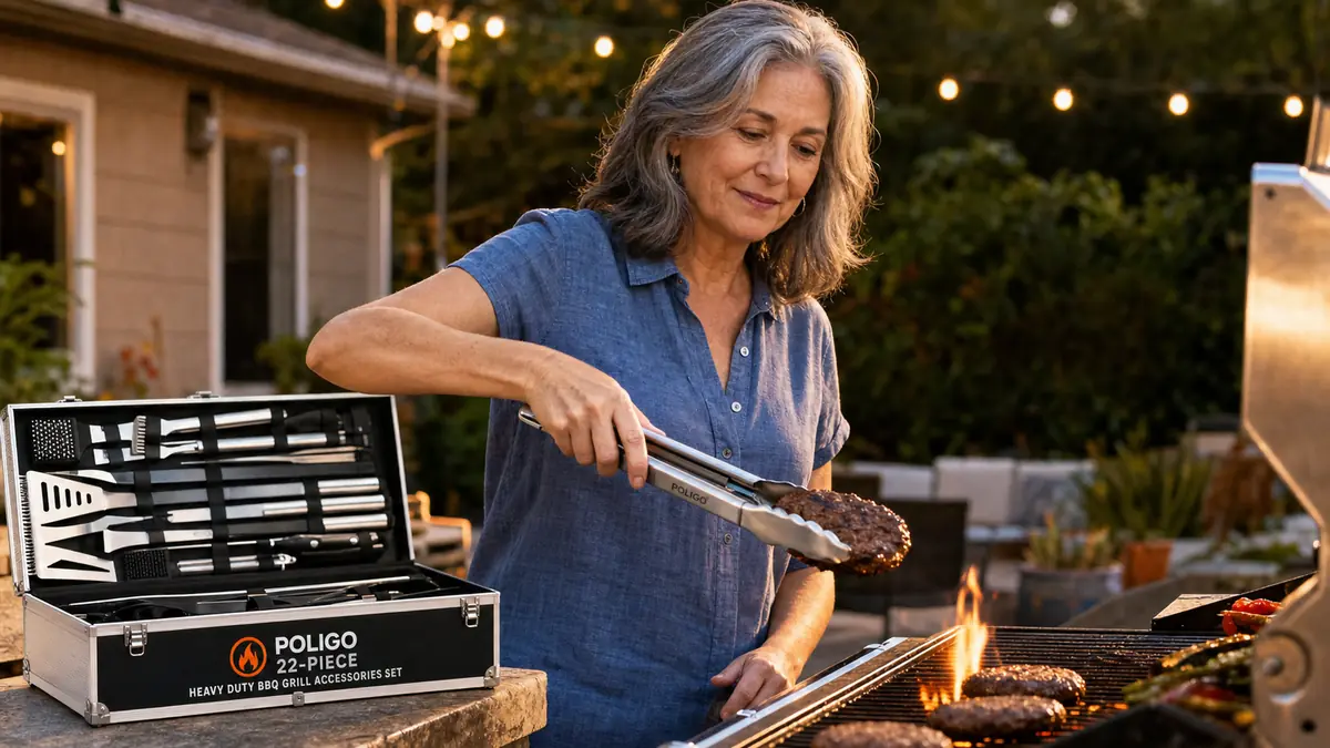 Close-up of a hand lifting a burger patty off the grill grates with stainless steel POLIGO tongs