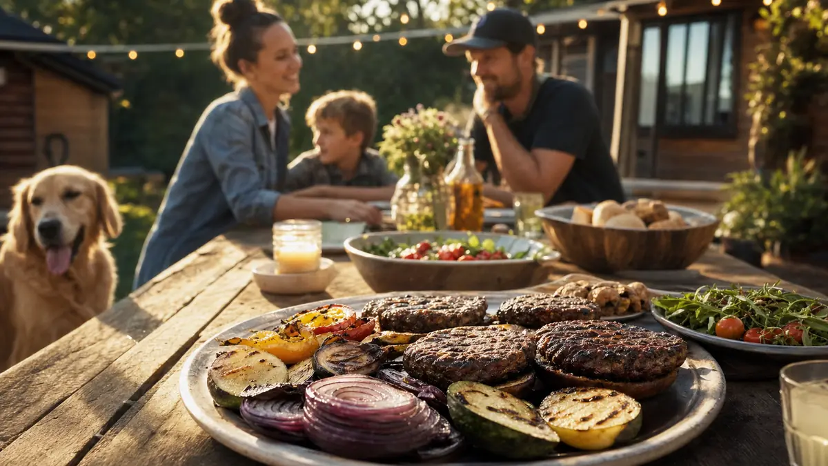 A long outdoor table set for a family cookout with plates, burgers, and people gathered around it at dusk