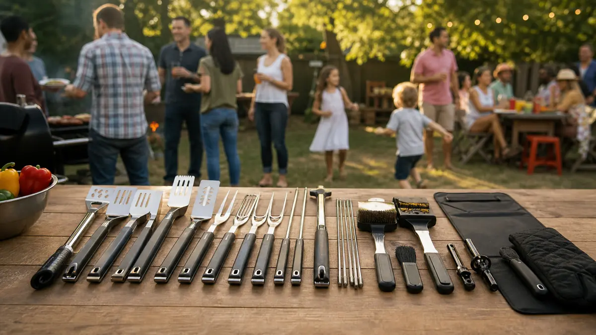 Full grill tool set laid out on a picnic table at a backyard cookout with friends in the background