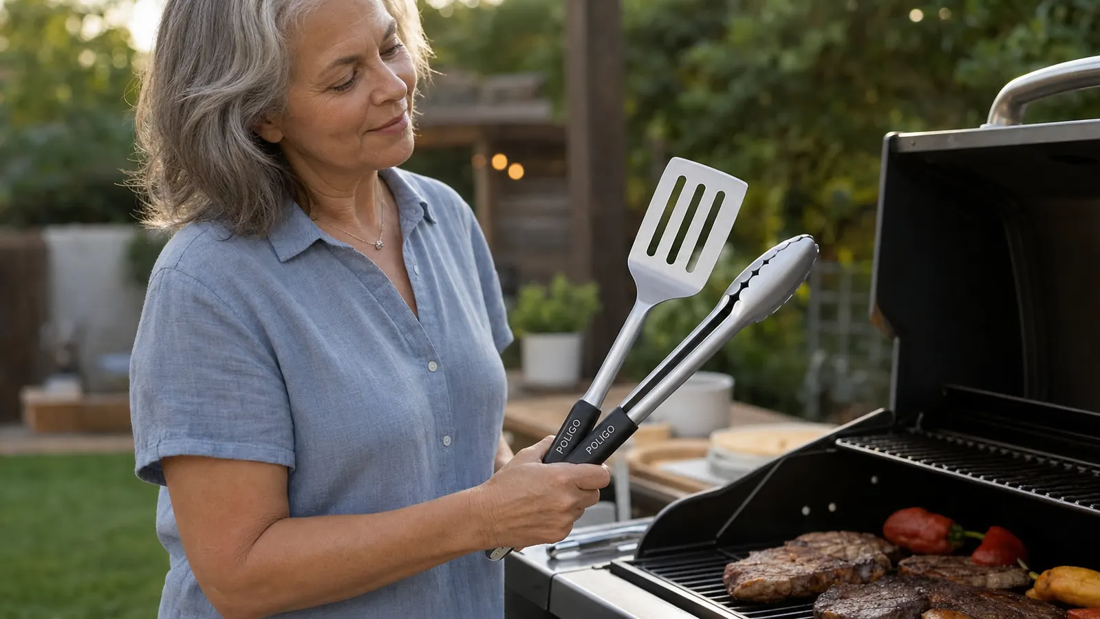 Hand holding the POLIGO spatula and tongs side by side against a stainless steel grill grate