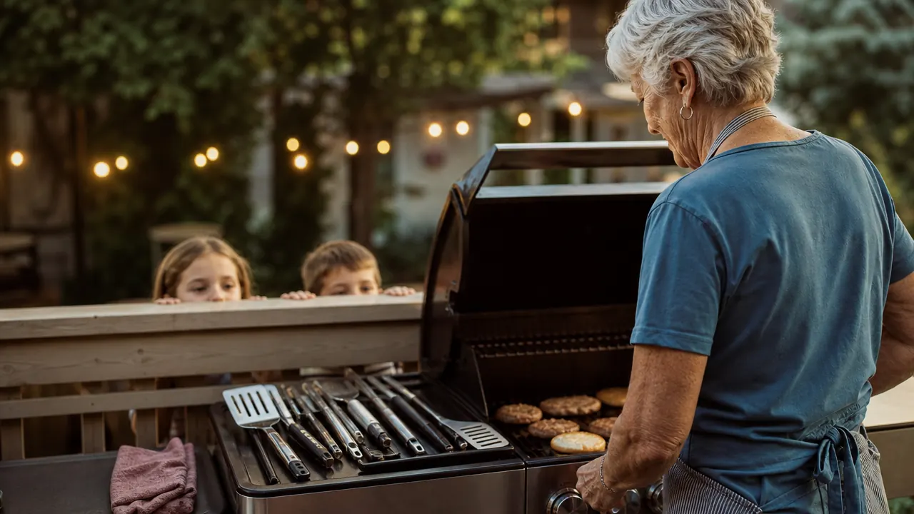 Grandchildren watching grandmother grill burgers with a full tool set laid out on the side table