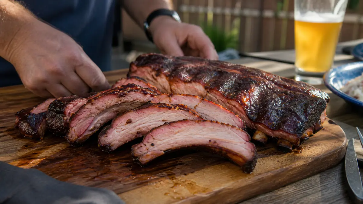Smoked pork ribs with a visible pink smoke ring resting on a cutting board
