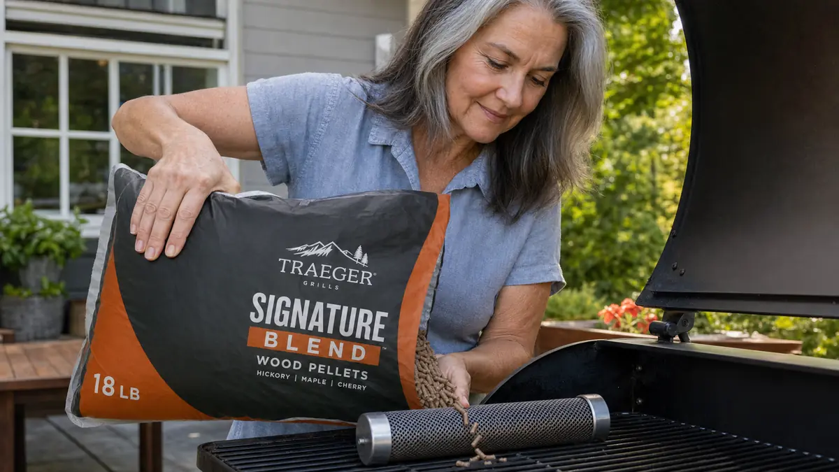 Close-up of hands pouring Traeger Signature Blend wood pellets from the bag into a mesh smoker tube