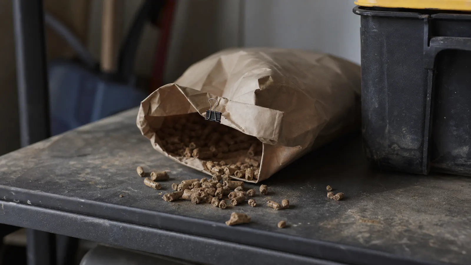 Open bag of wood pellets in a garage with a clip closure, some pellets near the top visibly swollen and crumbled from moisture