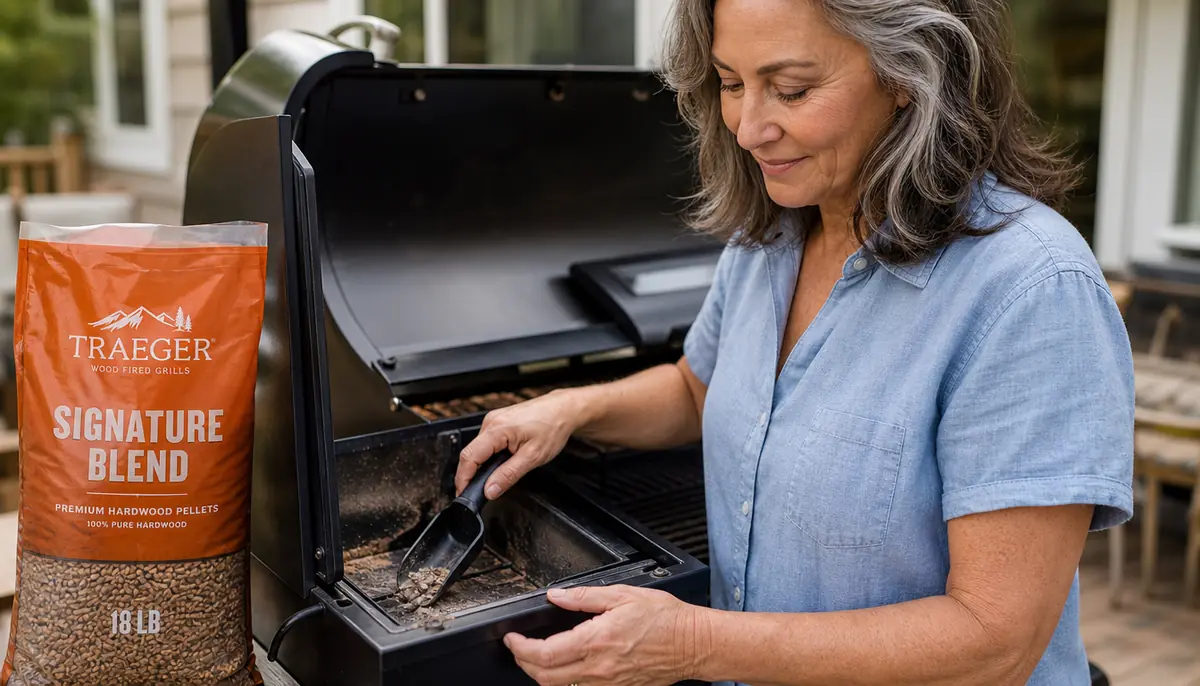 Hand scooping ash and pellet fines out of a pellet grill hopper cleanout during a mid-cook stop
