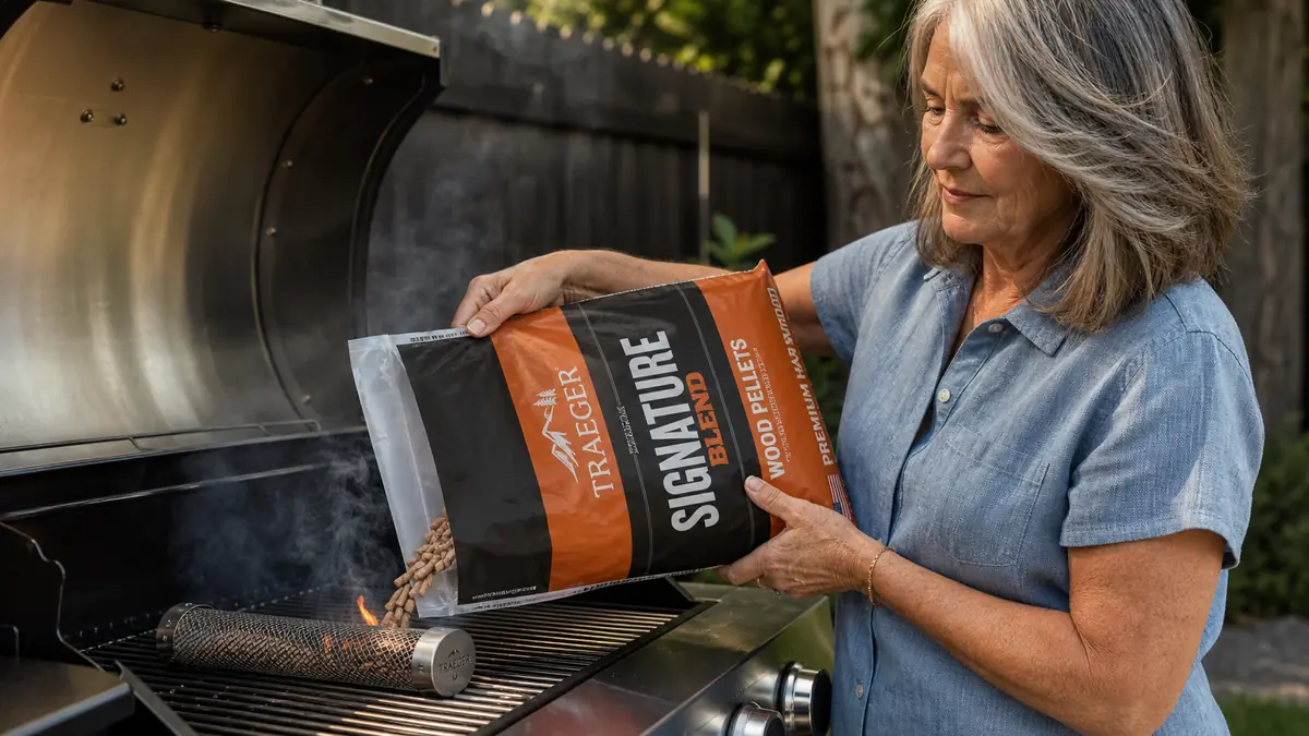 Close-up of hands loading Traeger Signature Blend pellets into a mesh smoker tube resting on a grill grate