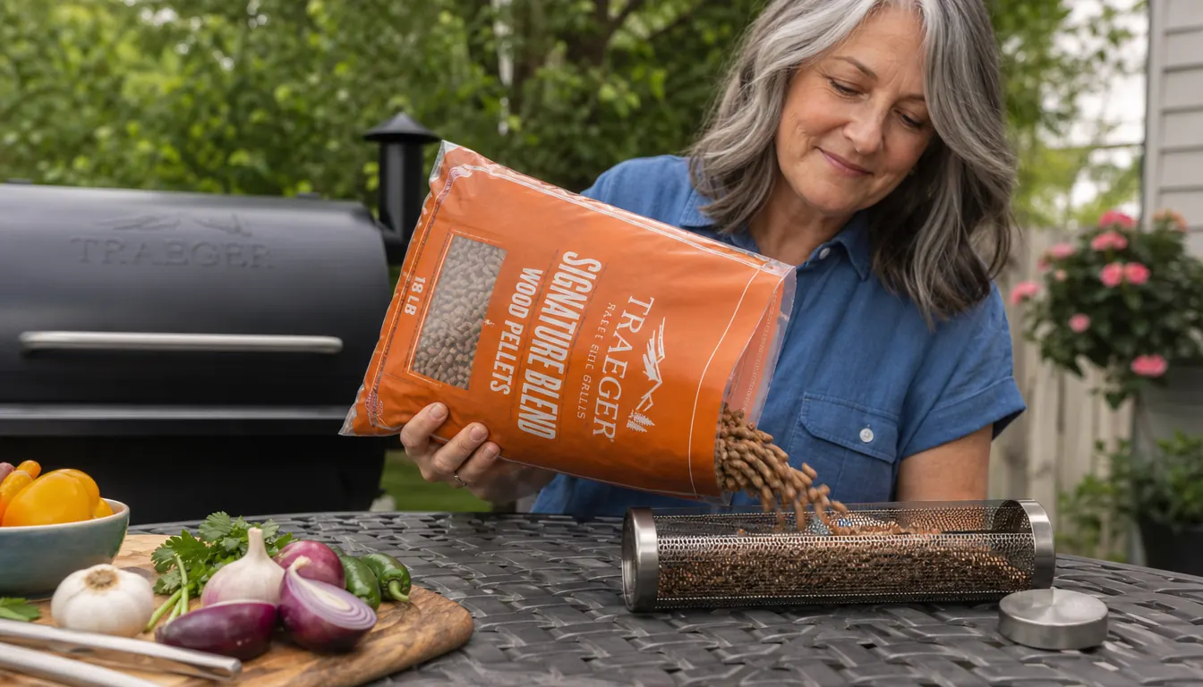 A hand pouring Traeger Signature Blend wood pellets from the bag into a mesh smoker tube on a patio table